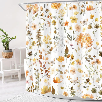 Orange Floral Flower Fall Autumn Brown Plants Bathroom Shower Curtain Set | 72"W x 72"H Botanical Wildflower; waterproof HD print, quick-dry fabric and plastic hooks for easy setup.