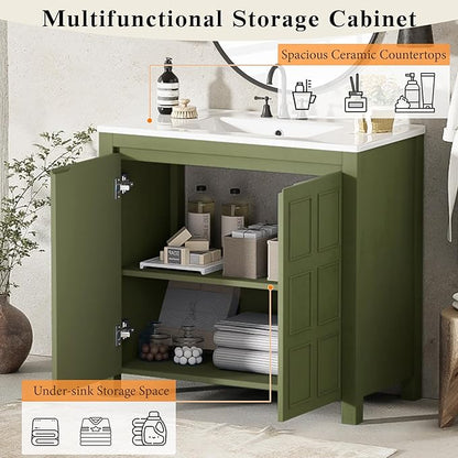 36" Bathroom Vanity,Farmhouse Vanity with Ceramic Sink, Set Bathroom Storage Cabinet, Olive Green