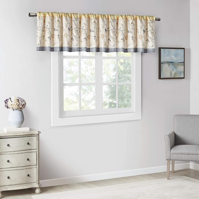 Madison Park Embroidered Window Valance, 50"x18", Yellow | Light Filtering Rod Pocket Window Treatment Curtain, Window Panel Drape for Bedroom Living Room and Dorm