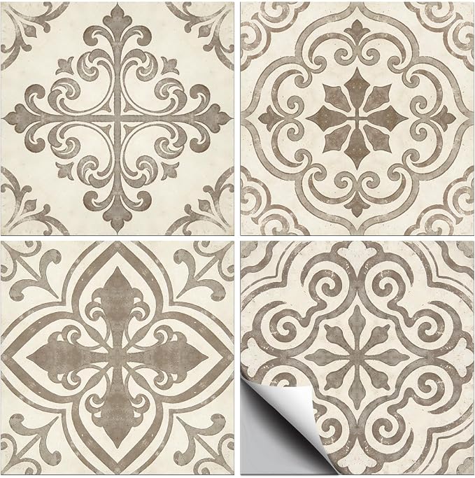 36pcs 4 Styles Gray and White Patterns Tile Stickers Retro Geometric Patterns Waterproof PVC Tile Decals for Kitchen Bathroom 4x4 inch