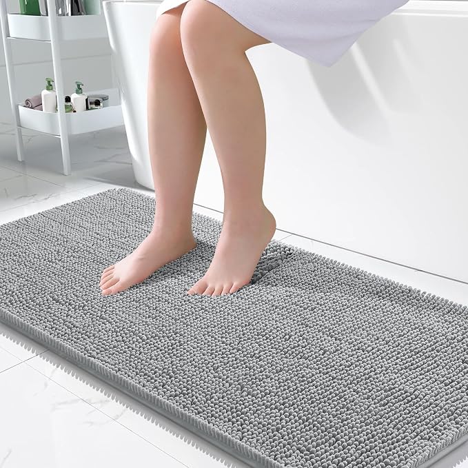 OLANLY Large Bathroom Rugs 50x30, Extra Soft Absorbent Chenille Bath Rugs | Light Grey, Quick-Drying Rubber Backing, Machine Washable Bath Mat for Bathroom Floor, Tub and Shower, Home Decor Accessories