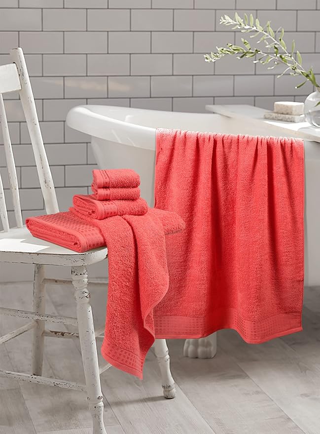 GLAMBURG 100% Cotton Ultra Soft 6 Pack Towel Set, Contains 2 Bath Towels 28x55 Inches, 2 Hand Towels 16x24 Inches & 2 Wash Coths 12x12 Inches, Compact Absorbent Lightweight & Quickdry - Coral Orange