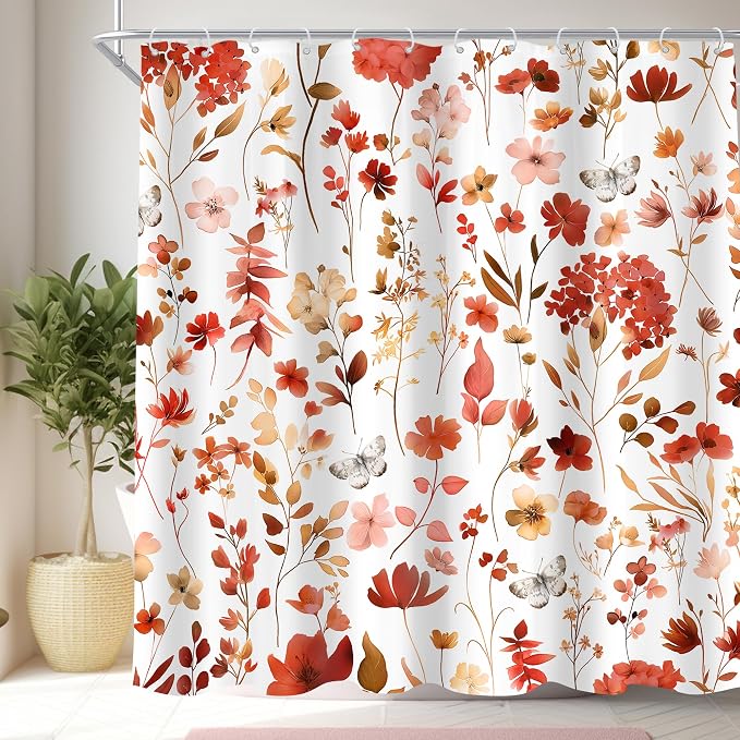 Red Burgundy Fall Autumn Floral Flower Bathroom Shower Curtain Set | 72"W x 72"H Plants Leaves; waterproof HD print, quick-dry fabric and plastic hooks for easy setup.