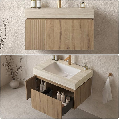 30" Bathroom Vanity with Sink, Wall-Mounted Plywood Bathroom Storage Cabinet with Ceramic Basin & Sintered Stone Countertop, Modern Pre-Assembled Floating Vanity with Drawer & Door, Oak