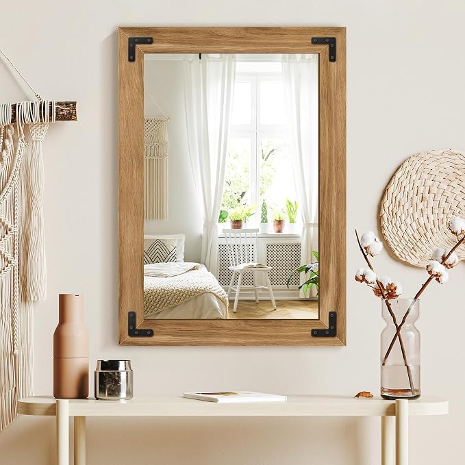 Wood Framed Bathroom Vanity Mirror for Wall, 20"x28" Farmhouse Mirror | Solid Wood Frame, HD Shatterproof Glass, Vertical/Horizontal Hanging, Ideal for Bathroom, Living Room, Bedroom