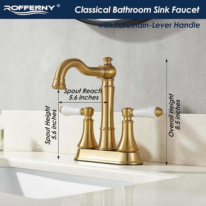 Porcelain 2-Handle Brushed Gold Bathroom Faucet 4 Inch Centerset | with Plastic Pop-up Drain and Two 23.6" Supply Lines, Classical Gold Bath Vanity Sink Faucets for 2/3-Hole Sinks, Brass Spout