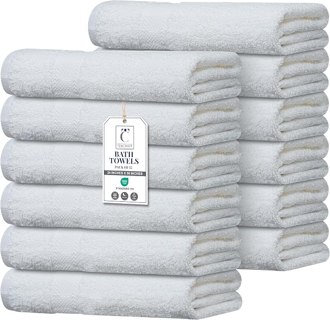 Commercial Bulk Pack of 12 Large Bath Towels – 100% Cotton Terry 24" x 50" – Ideal for Hotels, Salons, Gyms, Spas & Institutional Use – White