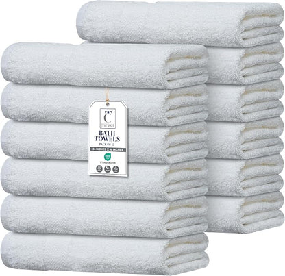 Commercial Bulk Pack of 12 Large Bath Towels – 100% Cotton Terry 24" x 50" – Ideal for Hotels, Salons, Gyms, Spas & Institutional Use – White