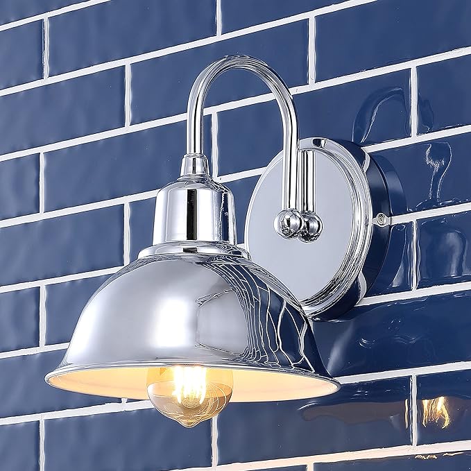 JONATHAN Y 8" Chrome Farmhouse Industrial 1-Light LED Vanity Wall Sconce for Bathroom Mirror Kitchen, Metal Shade, Dimmable Vintage Lighting, LED Bulb Included JYL7481A