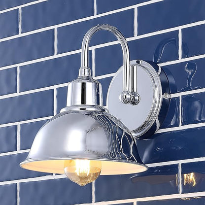 JONATHAN Y 8" Chrome Farmhouse Industrial 1-Light LED Vanity Wall Sconce for Bathroom Mirror Kitchen, Metal Shade, Dimmable Vintage Lighting, LED Bulb Included JYL7481A