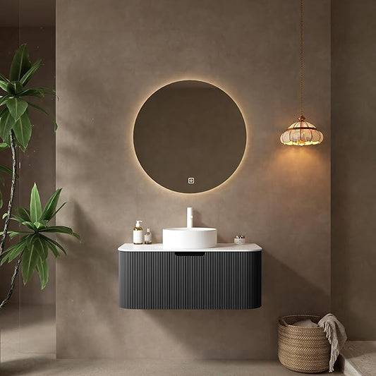 36'' Floating Vanity with Sink Combo, Modern Wall-Mounted Curved Edges Striped Bathroom Storage Cabinet with Soft-Close Drawer and White Artificial Marble Basin, Black