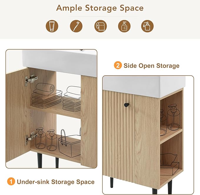 21.6 in Small Bathroom Vanity with Sink,Doors and Storage Shelves,Wood Modern Single Fluted Bathroom Sink Cabinet Freestanding (Natural Wood,Right Shelf)