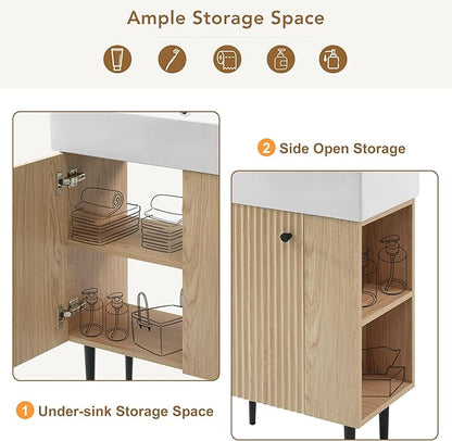 LUMISOL 21.6" Small Bathroom Vanity with Sink, Narrow Depth Bathroom Vanity with Soft-Close Door & Right Side Shelf, Wooden Freestanding Bathroom Sink Cabinet with Ceramic Sink, Natural