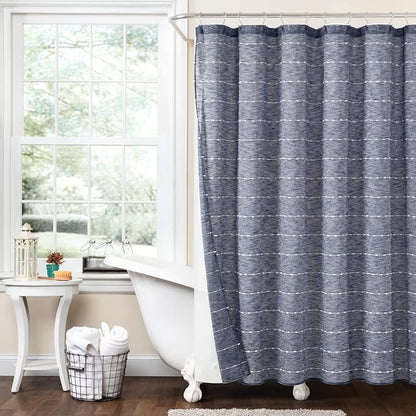 Lush Decor Farmhouse Textured Sheer Shower Curtain with Peva Liner 2 Piece Set 72" W x 72" L Navy - Blue Shower Curtain Set - Striped Bathroom Curtains