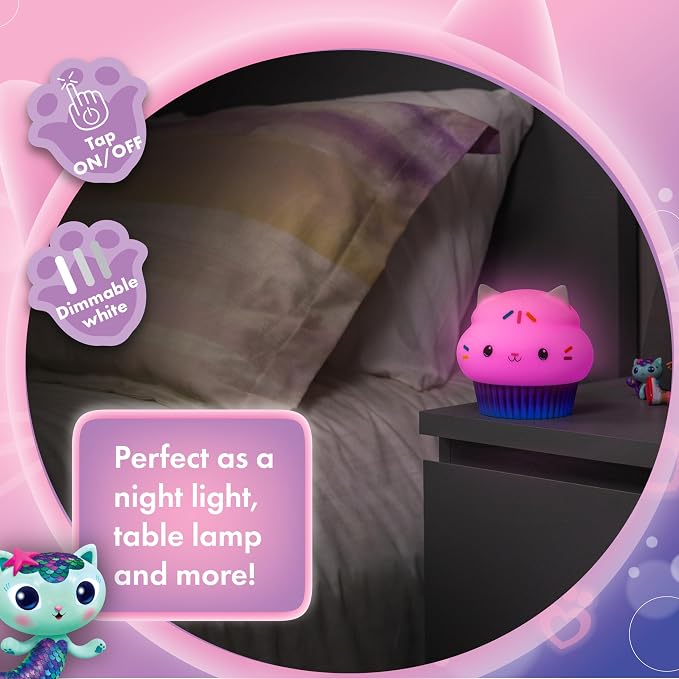Lights By Night Squish'ems Gabby's Dollhouse Cakey Cat Night Light for Kids | 13 Color Modes and Dimmable Warm White Light for Kids Room, Nursery, and Bedroom, USB Powered with AAA Battery Option