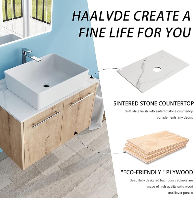 30" Floating Vanity with Sink, 30 Inch Bathroom Vanity with Sink, Modern Plywood Floating Cabinet with Sintered Stone Countertop and White Ceramic Basin, Soft Close Doors