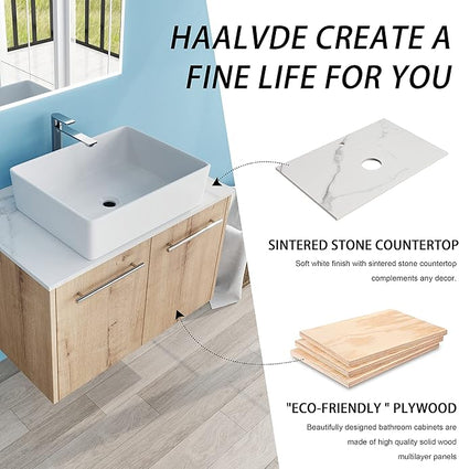 30" Floating Vanity with Sink, 30 Inch Bathroom Vanity with Sink, Modern Plywood Floating Cabinet with Sintered Stone Countertop and White Ceramic Basin, Soft Close Doors