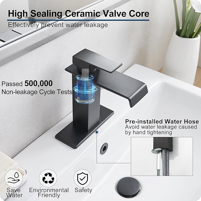 Waterfall Bathroom Faucet, Brass Matte Black Bathroom Faucet 1 Hole or 3 Holes, Bathroom Faucets Single Handle, 4 Inch Bathroom Sink Faucet with Deck Plate & Pop-Up Drain for Lavatory No Noise
