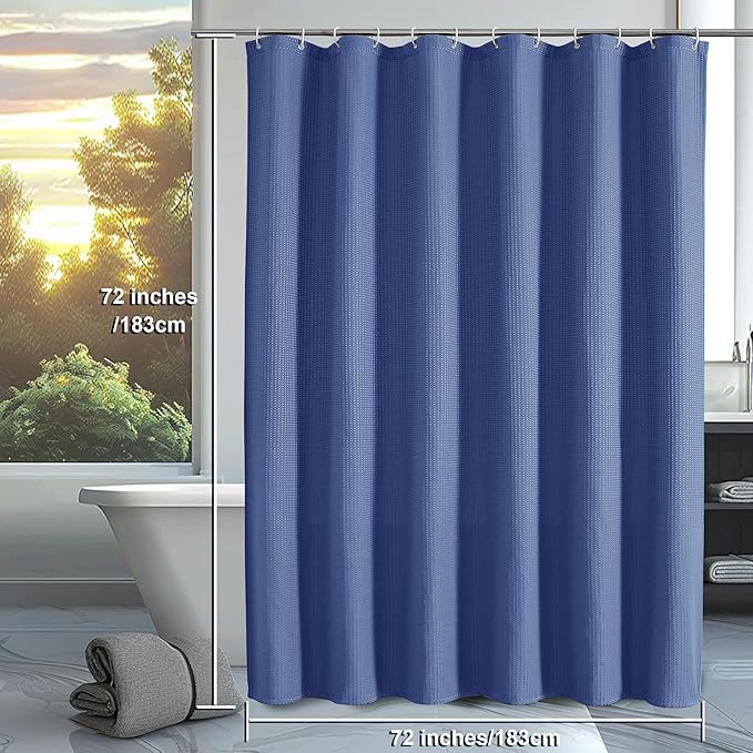 OVZME Blue Shower Curtain Set, Waffle Textured Heavy Duty Fabric Shower Curtain for Bathroom, Luxury Hotel Weighted 230GSM Bath Curtain with 12 Plastic Hooks, Machine Washable, 72x72