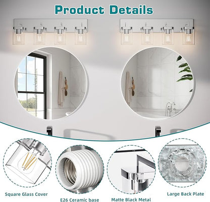 Chrome Bathroom Vanity Light, Square Design 4 Lights Morden Vanity Lighting Fixtures Over Mirror, Bathroom Vanity Light Fixtures for Living Room/Bedroom