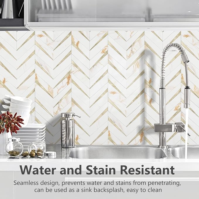STICKGOO Herringbone Tile Peel and Stick Backsplash for Kitchen&Bathroom | 10-Sheet Self Adhesive Wall Tiles, Calacatta Marble Mixed Light Gold PVC Stick on Backsplash Tile for Kitchen,Bathroom