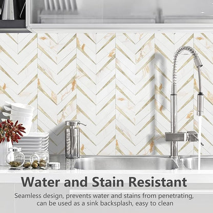 STICKGOO Herringbone Tile Peel and Stick Backsplash for Kitchen&Bathroom | 10-Sheet Self Adhesive Wall Tiles, Calacatta Marble Mixed Light Gold PVC Stick on Backsplash Tile for Kitchen,Bathroom