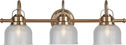 JONATHAN Y 25.25" Brass Gold Modern Bathroom Vanity Light, 3-Light LED Wall Sconce, Clear Glass Bell Shade for Mirror Hallway Kitchen, ETL Listed, LED Bulb Included (JYL7409B)