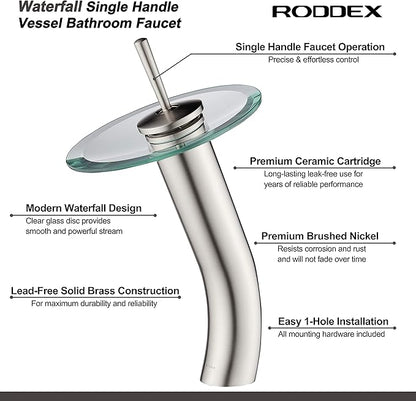 Waterfall Bathroom Faucet Glass Single Handle Solid Brass Basin Lavatory Vessel Sink Vanity Faucet,Tall,Brushed Nickel