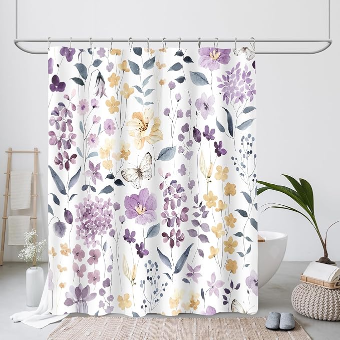 Extra Long Shower Curtain 72 x 96 Inch, Floor to Ceiling X-Long Purple Yellow Floral Shower Curtain, Watercolor Flower Butterfly Fabric Shower Curtain Set with Hooks, Lavender Purple