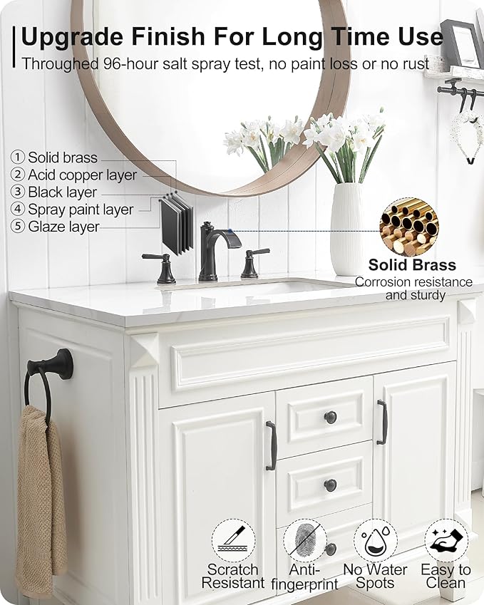 Waterfall Bathroom Faucet 3 Hole, 4-16 Inch Oil Rubbed Bronze Bathroom Faucet, Brass Bathroom Sink Faucet, 2 Handle Bathroom Faucets, Bathroom Vanity Faucet with Pop-Up Drain, Water Hoses