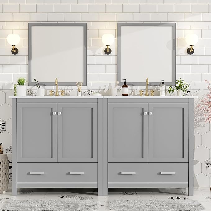 LZ LEISURE ZONE 60" Bathroom Vanity Set with Double Vanities (Separate), Double Ceramic Sinks, Storage Shelf, and Divided Drawers (Mirror not Included), Gray
