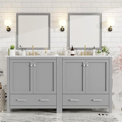 LZ LEISURE ZONE 60" Bathroom Vanity Set with Double Vanities (Separate), Double Ceramic Sinks, Storage Shelf, and Divided Drawers (Mirror not Included), Gray