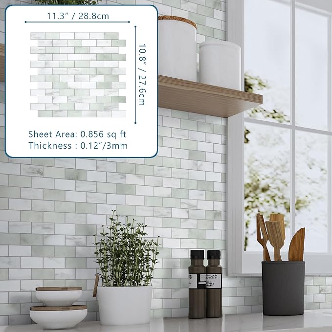 10-Sheet Subway Peel and Stick Backsplash Tile, 11.3" x 10.8" Emerald Green Stone Composite Marble Looks Self Adhesive Waterproof Wall Tile, Stick on Tiles for Kitchen Bathroom Shower Fireplace