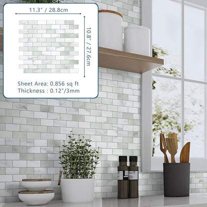 10-Sheet Subway Peel and Stick Backsplash Tile, 11.3" x 10.8" Emerald Green Stone Composite Marble Looks Self Adhesive Waterproof Wall Tile, Stick on Tiles for Kitchen Bathroom Shower Fireplace
