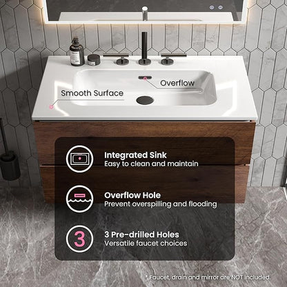 36" Bathroom Vanity with Sink, Modern Floating Vanity with Double Soft Closing Drawers, Large Storage for Small Space, Walnut, Fully Assembled - Iris Collection
