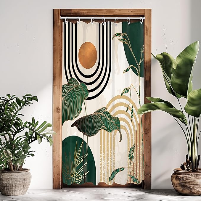 Glawry Small Stall Green 36Wx72L Inches Boho Mid Century Shower Curtain Abstract Retro Tropical Palm Tree Plant Sun Arch Minimalist Bathroom Modern Bath Accessories Art Home Decor Fabric 7 Pack Hooks