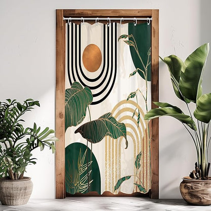 Glawry Small Stall Green 36Wx72L Inches Boho Mid Century Shower Curtain Abstract Retro Tropical Palm Tree Plant Sun Arch Minimalist Bathroom Modern Bath Accessories Art Home Decor Fabric 7 Pack Hooks