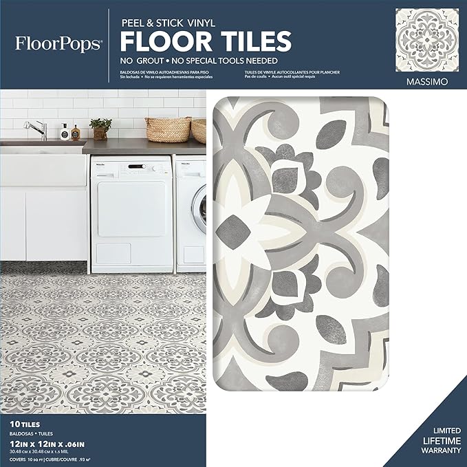 FloorPops Gray Massimo Peel & Stick Floor Tiles, FP3988