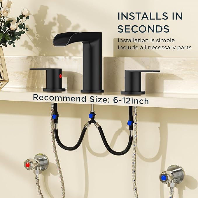 FORIOUS Bathroom Sink Faucet, Black Waterfall Bathroom Faucet Widespread 8 Inch 3 Hole with Pop-Up Drain and Water Supply, All-Metal Construction and Two Handle for Vanity, Lavatry, Farmhouse