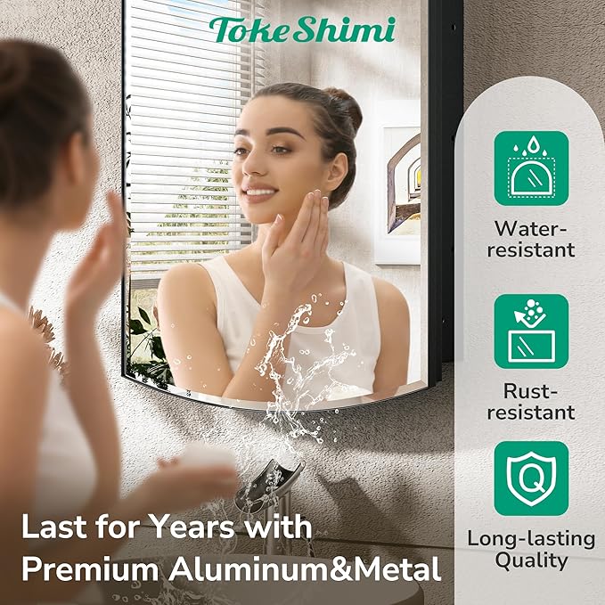 TokeShimi 16x26 Oval Medicine Cabinet with Mirror with Storage Black, Surface Mount or Recessed Medicine Cabinet Arched with Beveled Mirror Metal for Bathroom