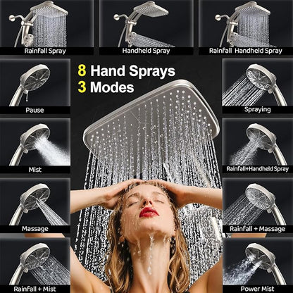 12-Inch High Pressure Rain Shower Head with Handheld Spray Combo, Magnetic | Dual shower heads; one-piece bracket adjusts height and angle; 9 settings: 8 sprays + 1 Power Jet for cleaning; easy install