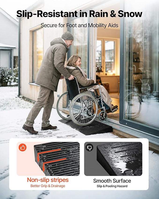 VEVOR 1.2" Rise Cuttable Threshold Ramp for Doorways, 35.4" Wide Natural Rubber Wheelchair Ramp, Non-Slip Solid Rubber Ramp with Double-Sided Tape for Doorways, Driveways, Bathroom, Smooth Tile