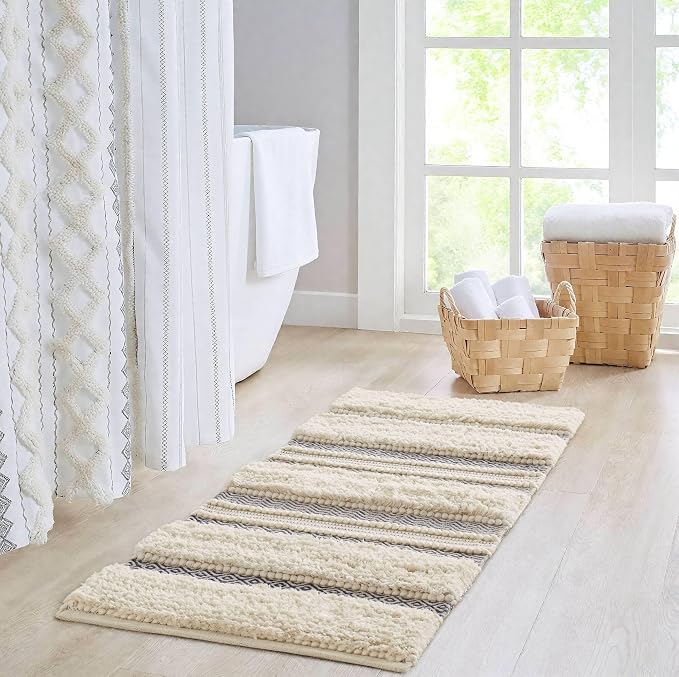 INK+IVY Asher Non-Slip Bath Rug Absorbent Quick Dry Striped, 22 x 58, Navy | Soft Pile, Machine Washable, Striped Pattern, Boho, OEKO-TEX Certified, Hand-Woven Texture, for Bathroom, Shower Room