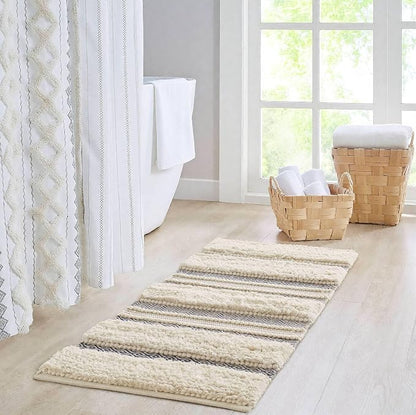 INK+IVY Asher Non-Slip Bath Rug Absorbent Quick Dry Striped, 22 x 58, Navy | Soft Pile, Machine Washable, Striped Pattern, Boho, OEKO-TEX Certified, Hand-Woven Texture, for Bathroom, Shower Room