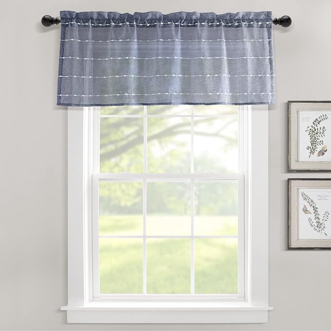 Lush Decor Farmhouse Textured Sheer Window Curtain Valance, 52"W x18"L, Navy