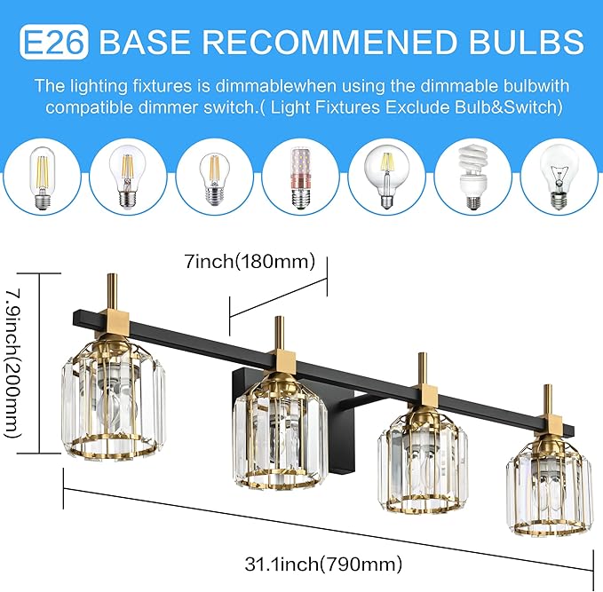 SOLFART Crystal 4 Lights Bathroom Lights Over Mirror Bathroom Light Fixtures Vanity Light Fixture Crystal Bathroom Vanity Light 4T