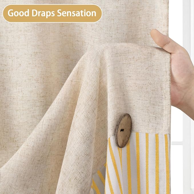 Farmhouse Shower Curtain Linen Button Yellow Stripe 72" W x 72" L | Farmhouse Style, Chic Button, Striped, Linen Fabric, Rustic, Country, Natural Look, Washable, for Bathroom Bathtub
