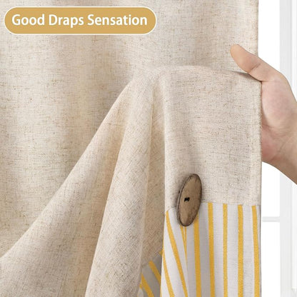 Farmhouse Shower Curtain Linen Button Yellow Stripe 72" W x 72" L | Farmhouse Style, Chic Button, Striped, Linen Fabric, Rustic, Country, Natural Look, Washable, for Bathroom Bathtub