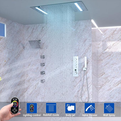 Luxury Thermostatic Digital Dual Heads Shower System Chrome Full Bdoy Spray Shower Faucet Set with 20x14in LED Rainfall Showerhead and 6in Wall Shower, 4 Body Jets with Shut-off, Brass Handheld