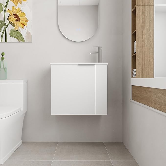 22 Inch Bathroom Vanity with Sink, 22" Wall Mounted Vanity Sink Combo for Small Space, Modern Bathroom Cabinet Set with Ceramic Basin Sink Top and Soft-Closing Door, White